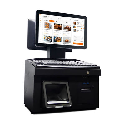 14 اینچ صفحه نمایش لمسی دوگانه ویندوز 7 صندوق فروشگاهی i3 CPU 4+64GB ترمینال POS رومیزی با چاپگر، صفحه کلید، اسکنر