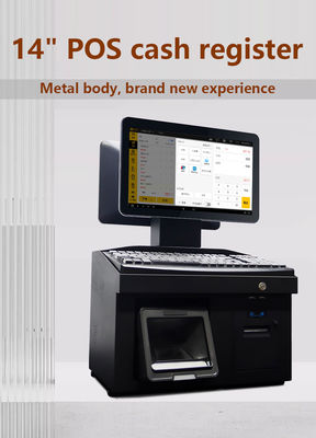 14 اینچ صفحه نمایش لمسی دوگانه ویندوز 7 صندوق فروشگاهی i3 CPU 4+64GB ترمینال POS رومیزی با چاپگر، صفحه کلید، اسکنر