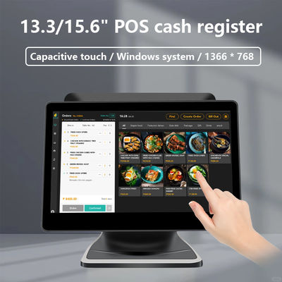 سیستم POS با صفحه نمایش لمسی دوگانه 13.3/15.6 اینچی، سیستم ویندوز I3، ترمینال POS فروشگاهی برای خرده فروشی با پایه تاشو