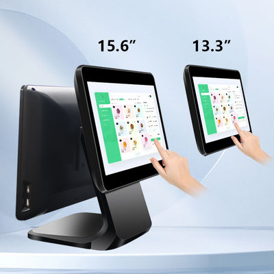 سیستم POS با صفحه نمایش لمسی دوگانه 13.3/15.6 اینچی، سیستم ویندوز I3، ترمینال POS فروشگاهی برای خرده فروشی با پایه تاشو