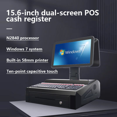 OEM ODM 15.6 اینچ دو صفحه نمایش ویندوز7 Pos صندوق نقد N2840 Cpu 2 + 32GB دسکتاپ POS ترمینال با چاپگر 58 میلی متری، کیبورد