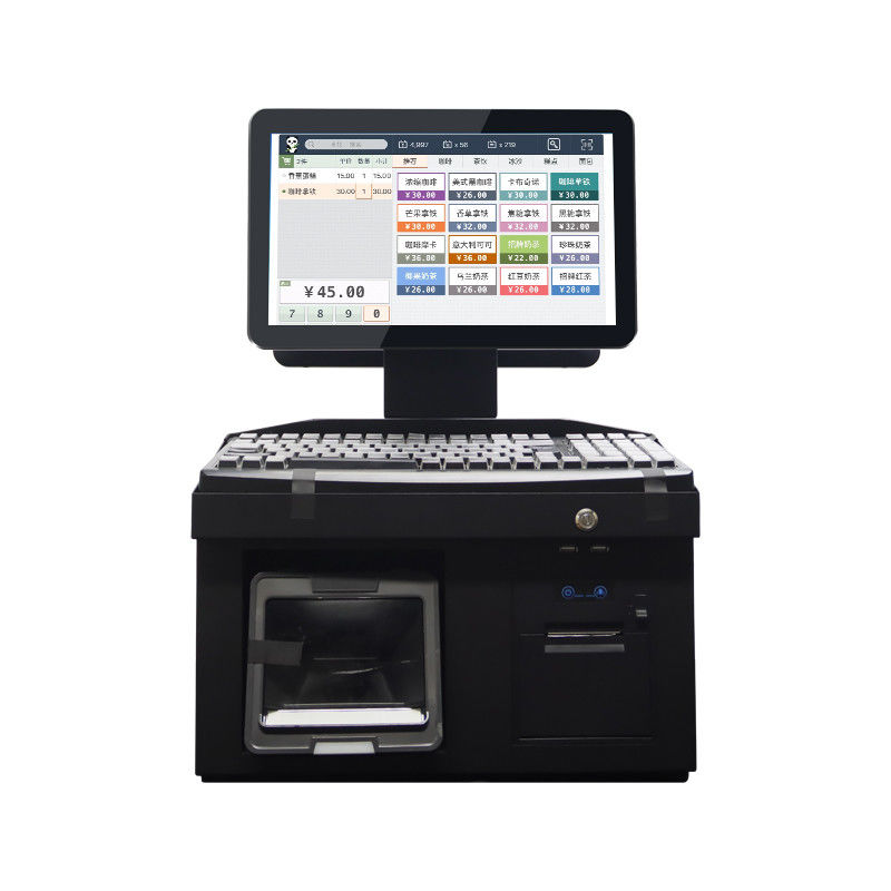 14 اینچ صفحه نمایش لمسی دوگانه ویندوز 7 صندوق فروشگاهی i3 CPU 4+64GB ترمینال POS رومیزی با چاپگر، صفحه کلید، اسکنر