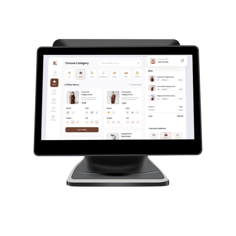 سیستم POS با صفحه نمایش لمسی دوگانه 13.3/15.6 اینچی، سیستم ویندوز I3، ترمینال POS فروشگاهی برای خرده فروشی با پایه تاشو